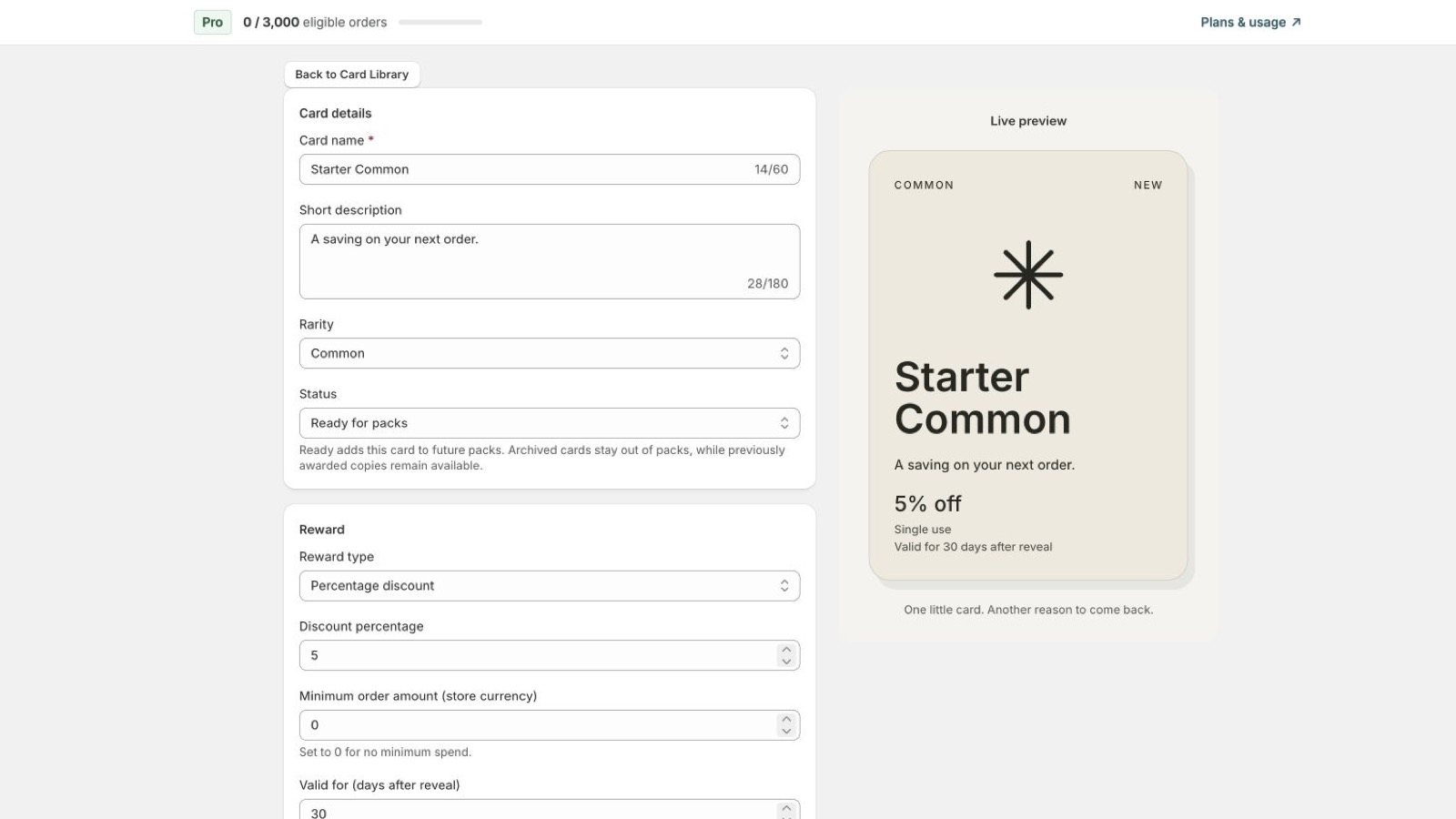 Configure reward cards with a live design preview