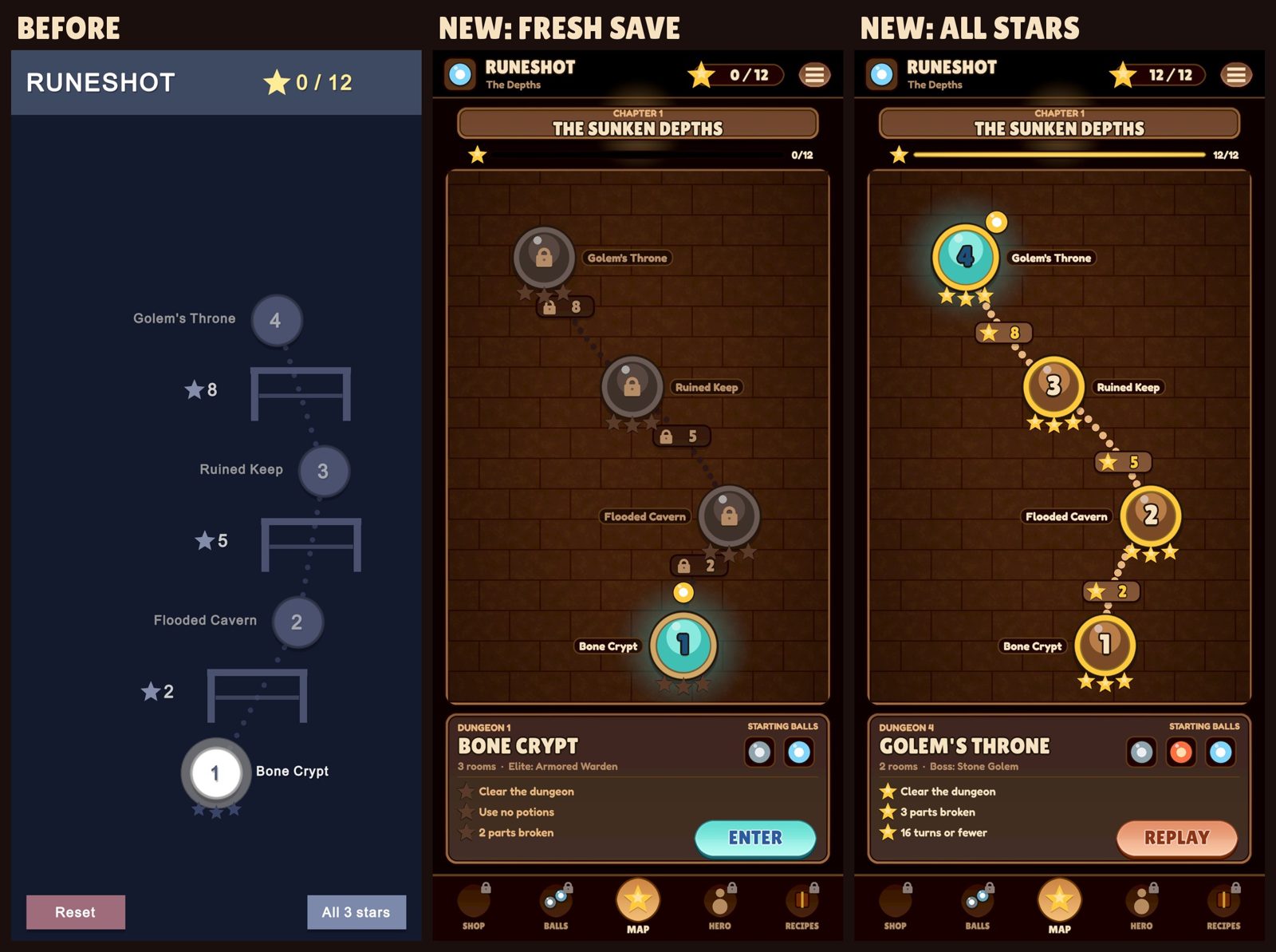 Stage 6: The map screen, before and after the warm leather redesign.